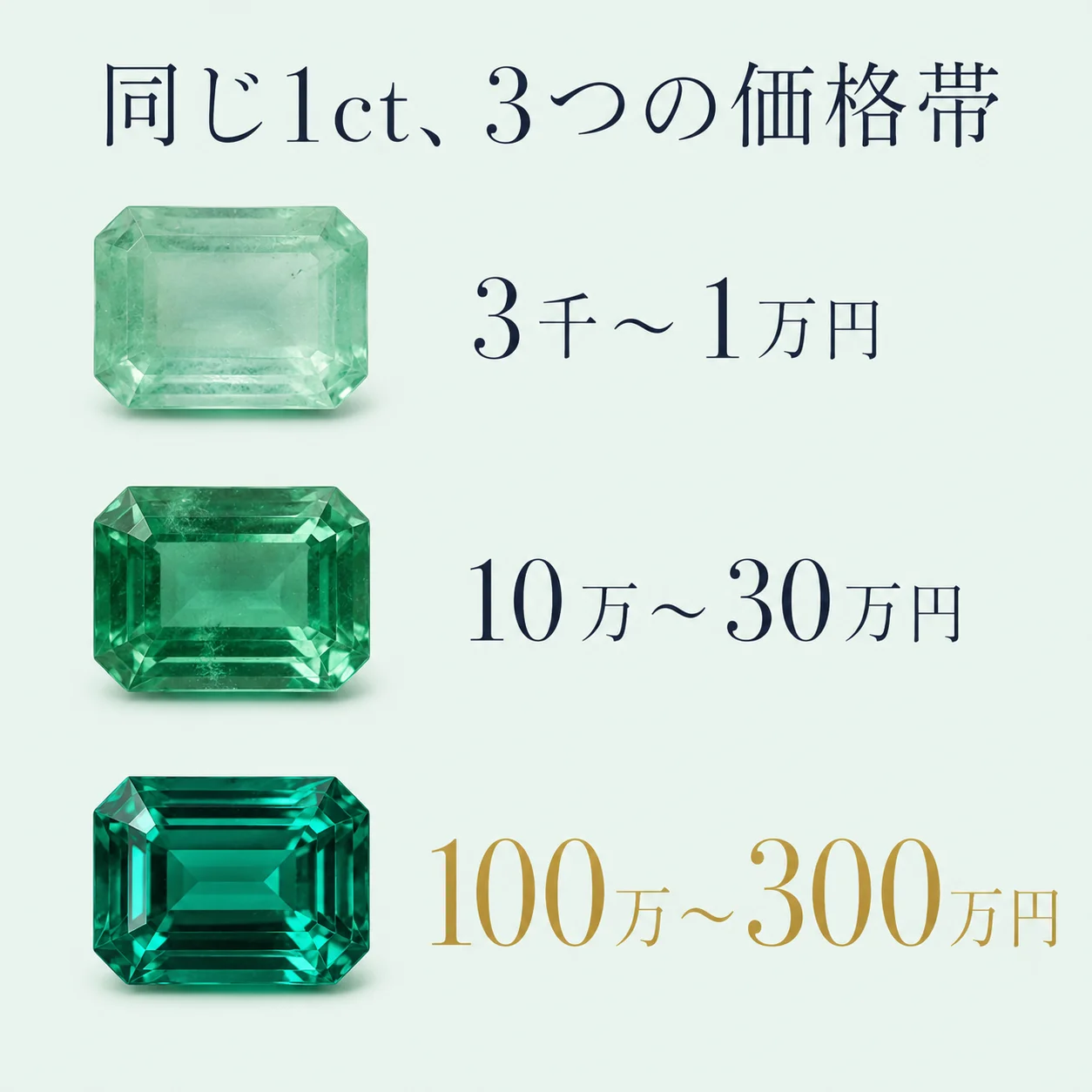 同じ1ctのエメラルドが低品質3千〜1万円・中品質10万〜30万円・高品質100万〜300万円に分かれることを、3つの石の見た目の差で示した図。