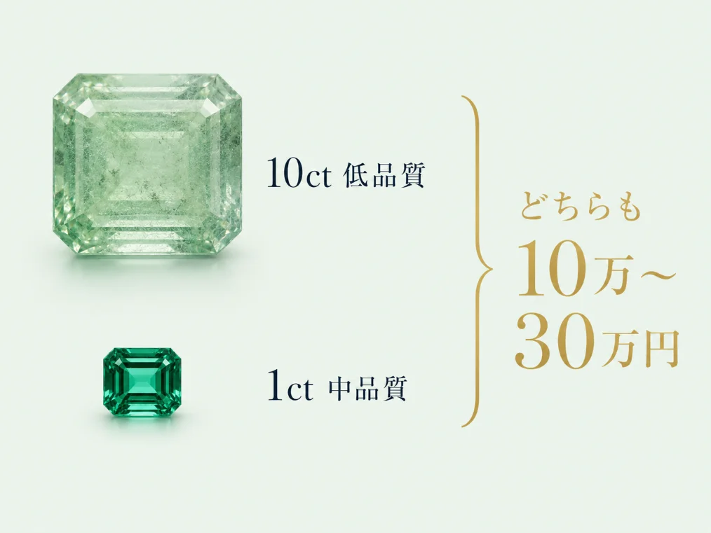 10ctの低品質エメラルドと1ctの高品質エメラルドが、どちらも100万〜300万円の同じ価格帯に並ぶことを示した比較図。