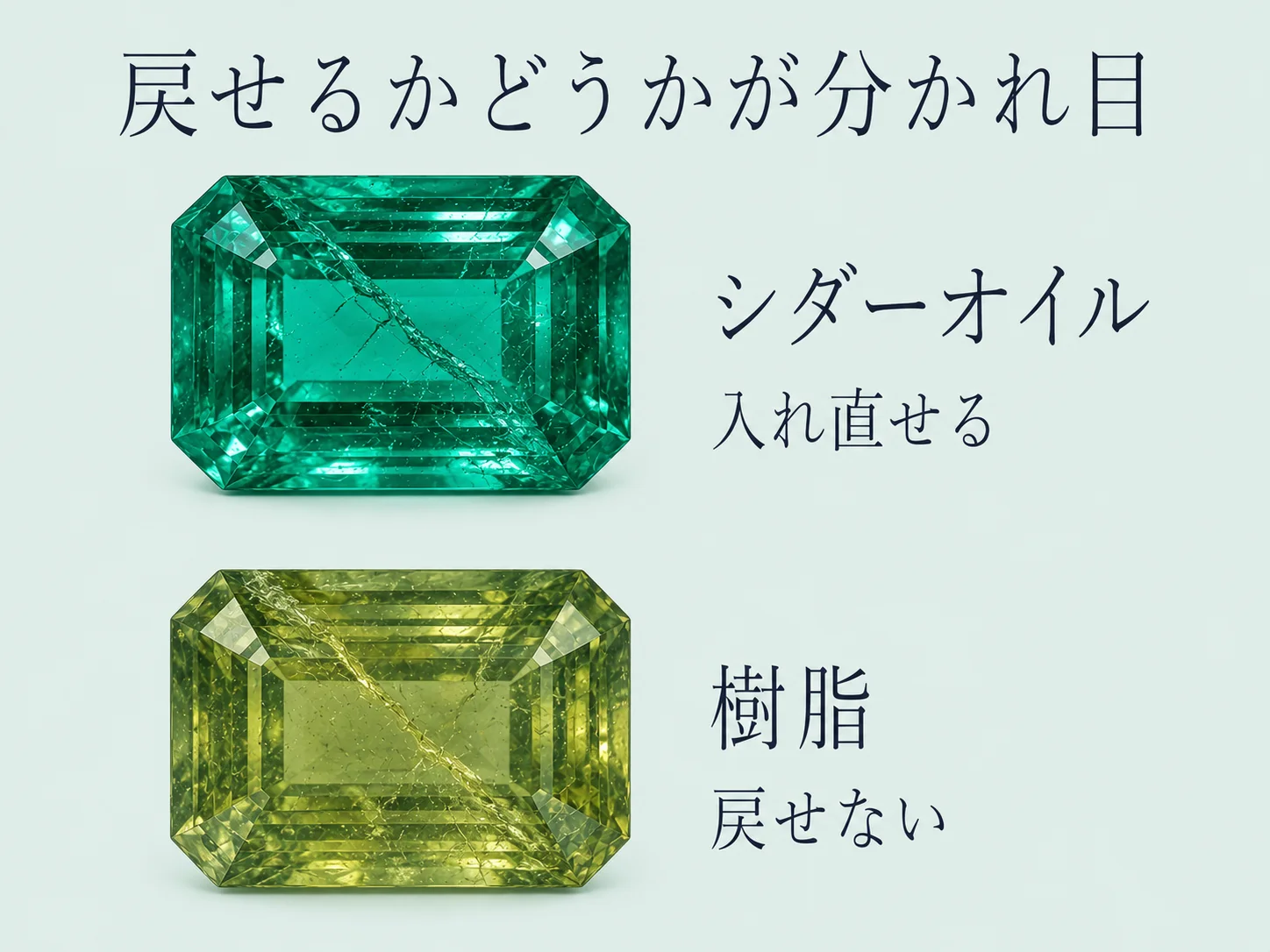 シダーオイルで含浸されたエメラルドと、樹脂含浸で黄ばみが生じたエメラルドを上下に並べ、再処理できるかどうかの違いを示した比較図。