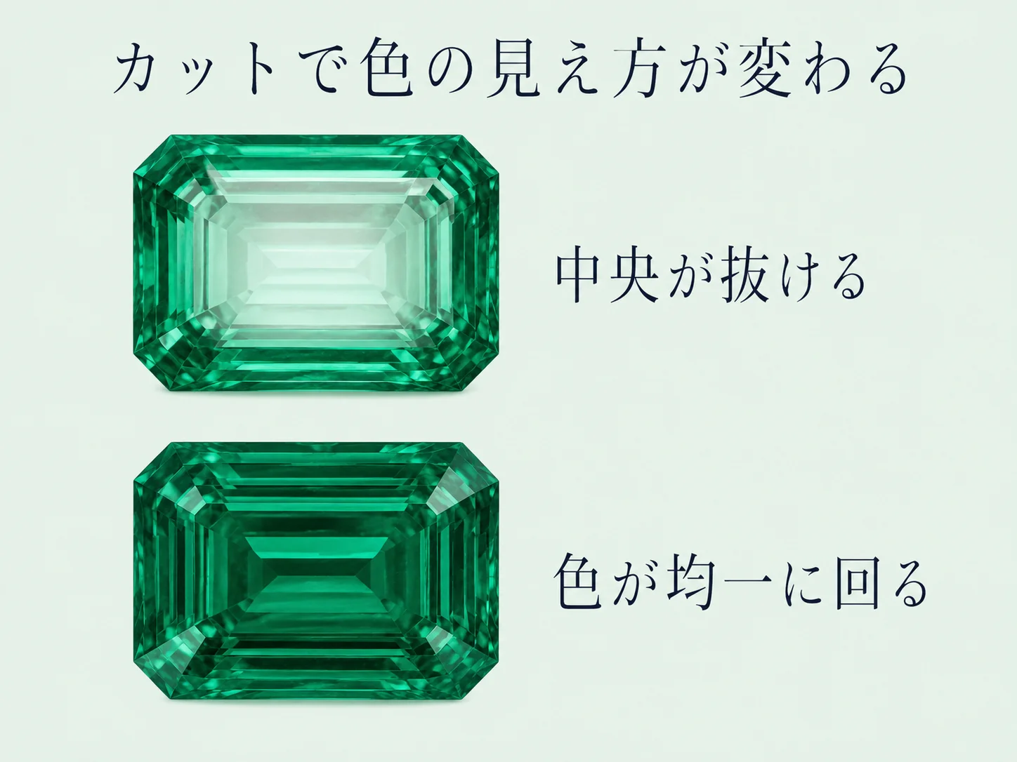 中央が明るく抜けて見えるウィンドウ抜けのエメラルドと、色が均一に回っているエメラルドを上下に並べ、カットによる色の見え方の違いを示した図。