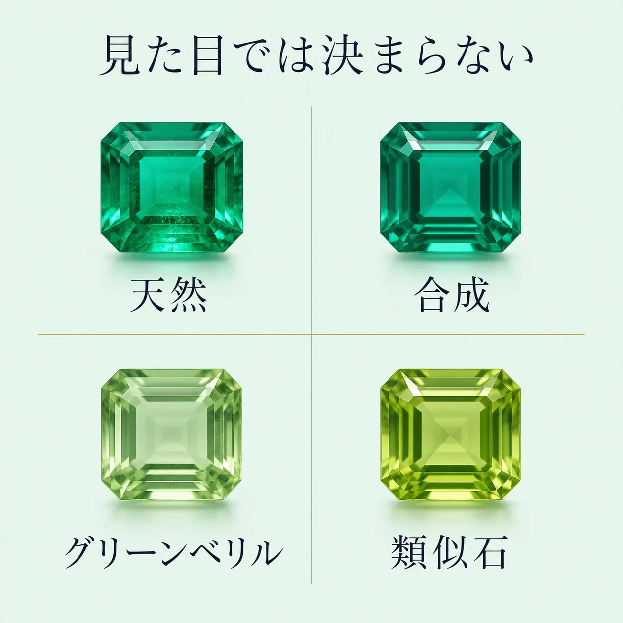 天然エメラルド・合成エメラルド・グリーンベリル・類似石という4つの緑の石を2×2に配置し、見た目が似ていることを示した図。
