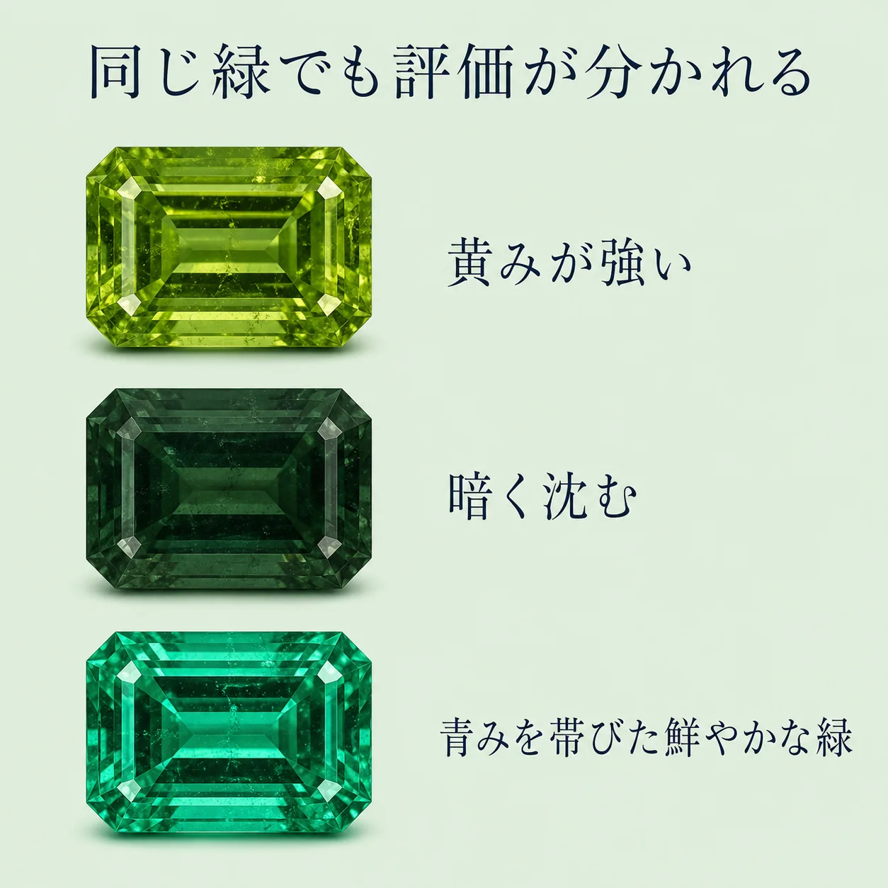 黄みが強い緑・黒く沈んだ緑・青みを帯びたビビッドグリーンの3つのエメラルドを縦に並べ、色の評価が分かれる基準を示した比較図。