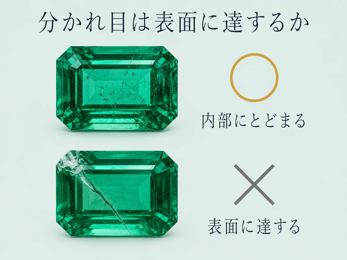 内部に細かい内包物があるエメラルドと、表面まで達するクラックがあるエメラルドを上下に並べ、許容される内包物と減額対象の違いを示した図。