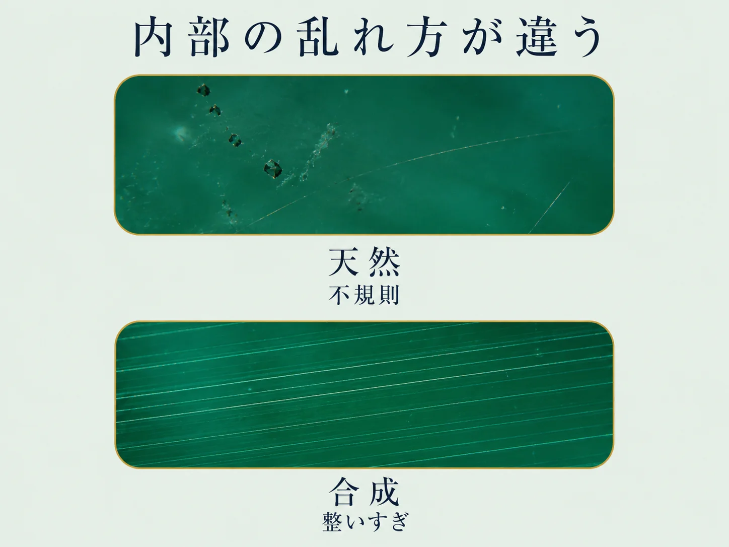 天然エメラルドの不規則な内包物と、合成エメラルドの整った成長線を拡大して並べ、内部の様子の違いを示した図。