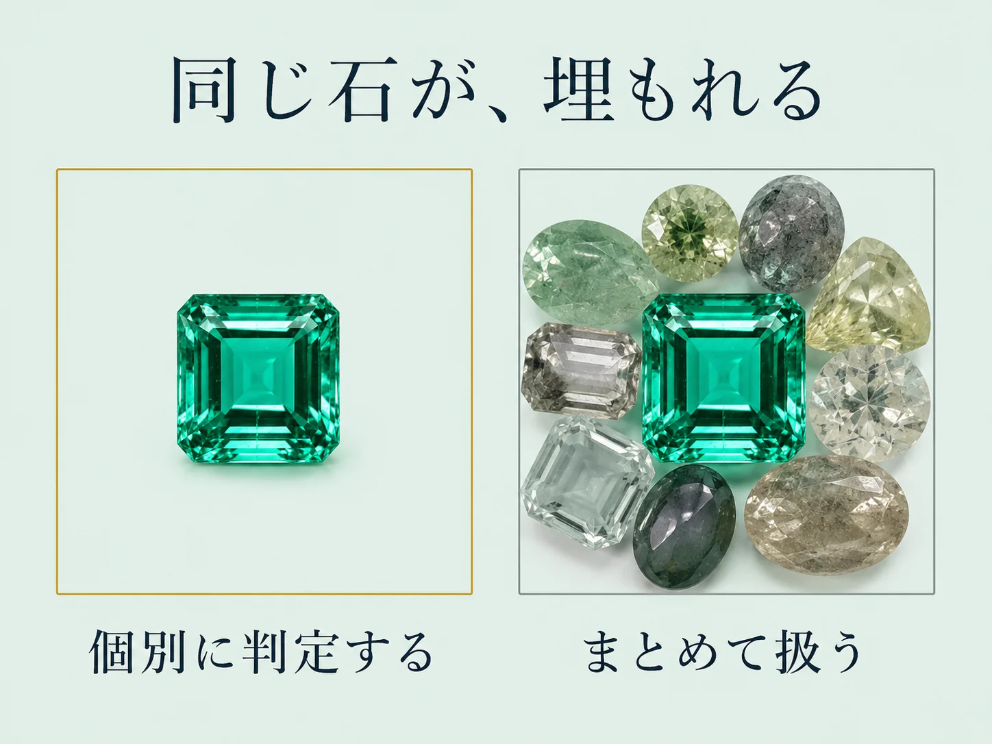 ゴールドの枠で個別に評価される石と、グレーの箱の中で他の石とまとめて扱われる石を対比した図。