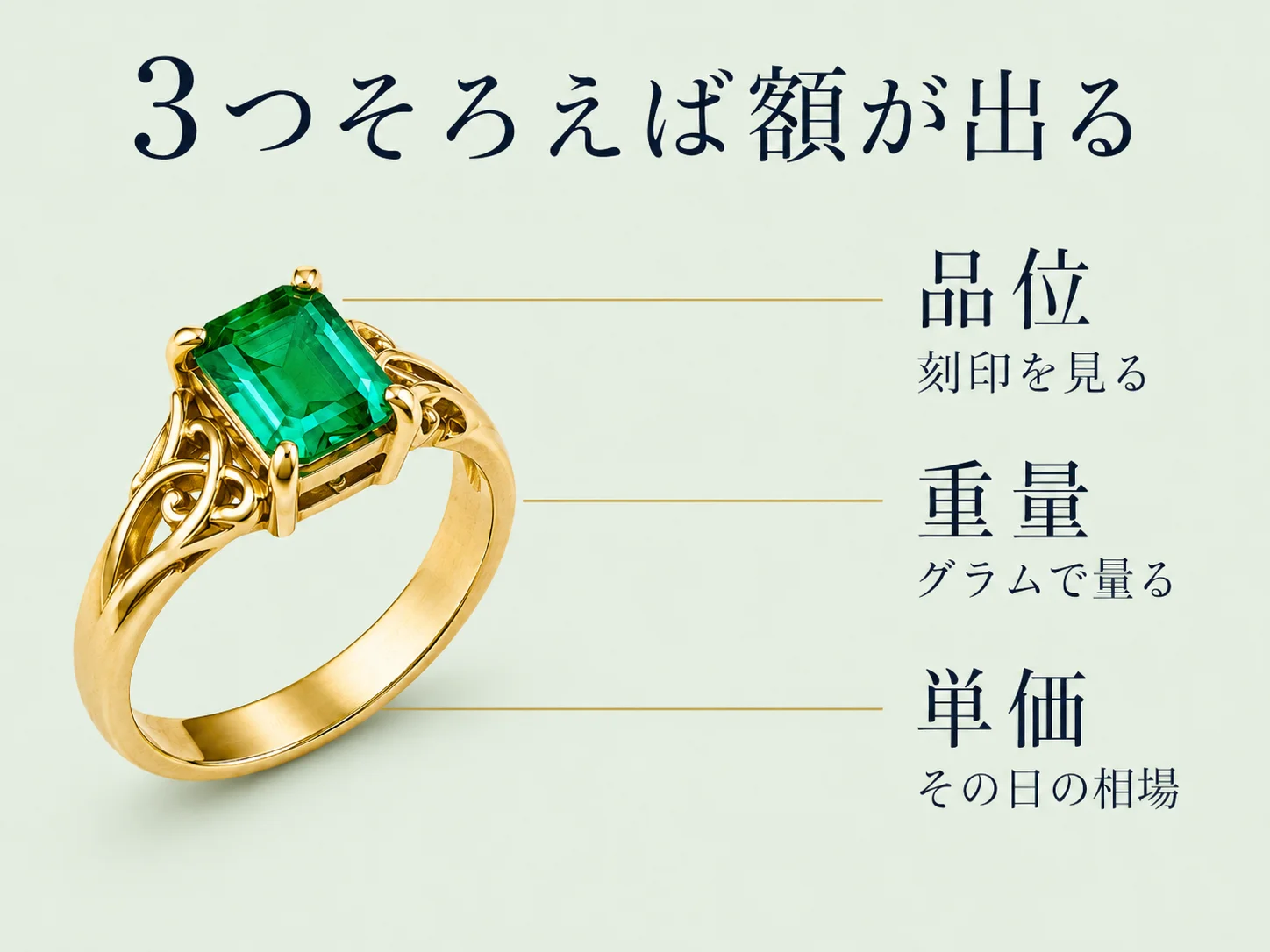 エメラルドリングの枠から3方向に引き出し線を伸ばし、台座の額が刻印による品位・重量・当日単価の3つで決まることを示した構造図。