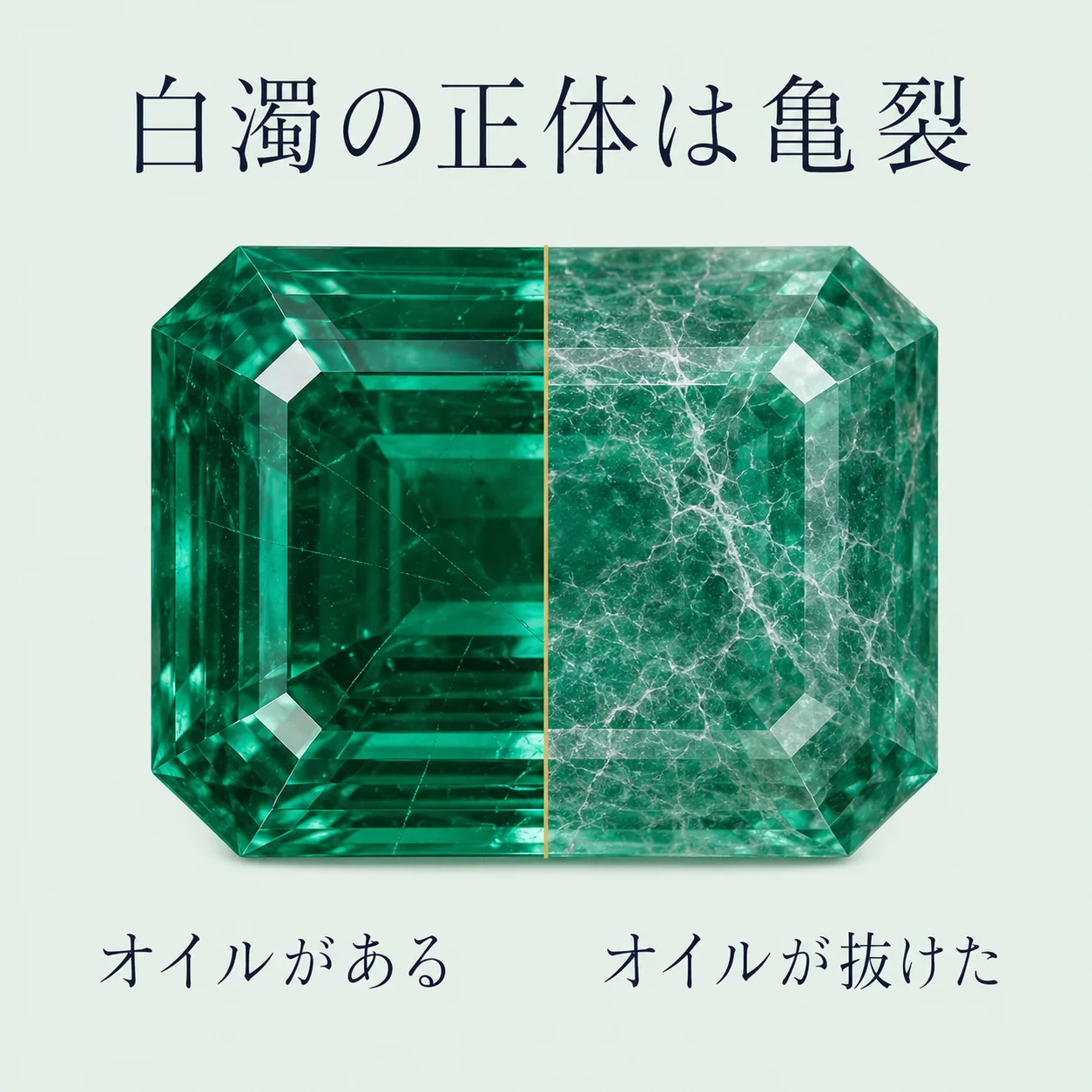 1つのエメラルドの左半分がオイルで満たされ透明感を保ち、右半分はオイルが抜けて白く濁っている状態を示した断面的な図。