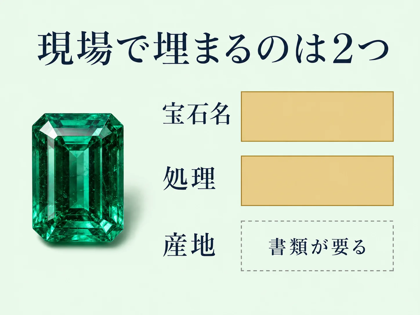 現場判定と機関検査の境界 | 宝石名と処理は査定の現場で判定でき、産地は機関の検査結果が必要であることを、3つの枠の埋まり方の違いで示した図。