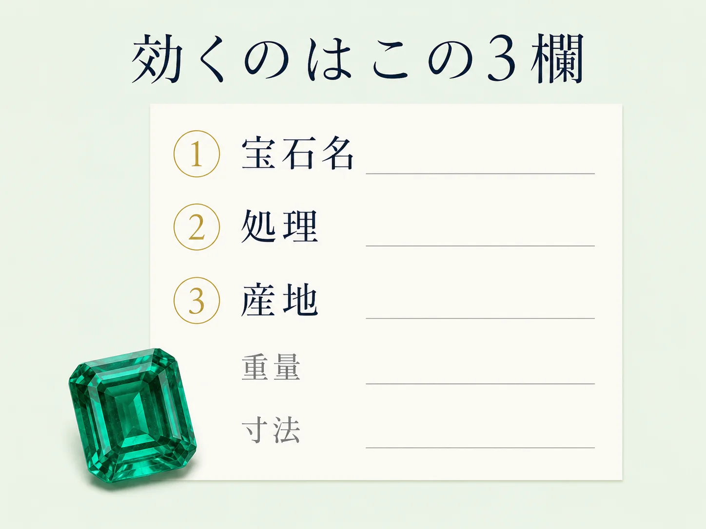 鑑別書の宝石名・処理・産地の3つの欄にゴールドの番号バッジが付き、それぞれが査定にどう効くかを示した図。