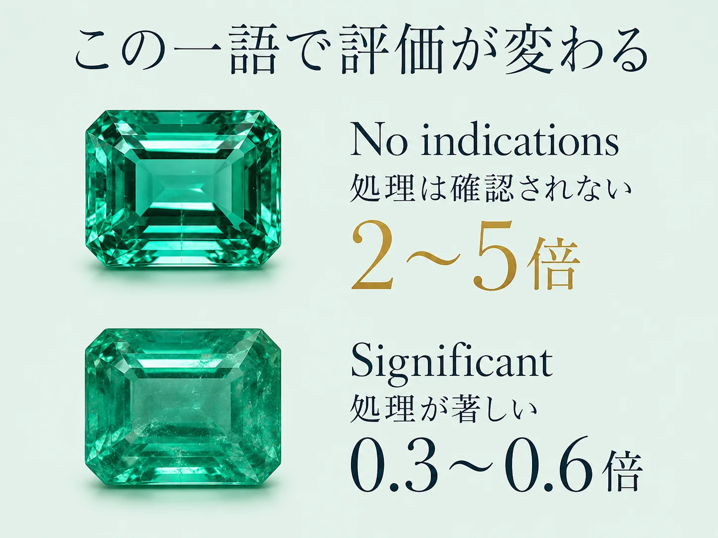 鑑別書の処理欄に記載されるNo indicationsとSignificantの2つの表記を上下に並べ、評価が正反対に振れることを示した図。