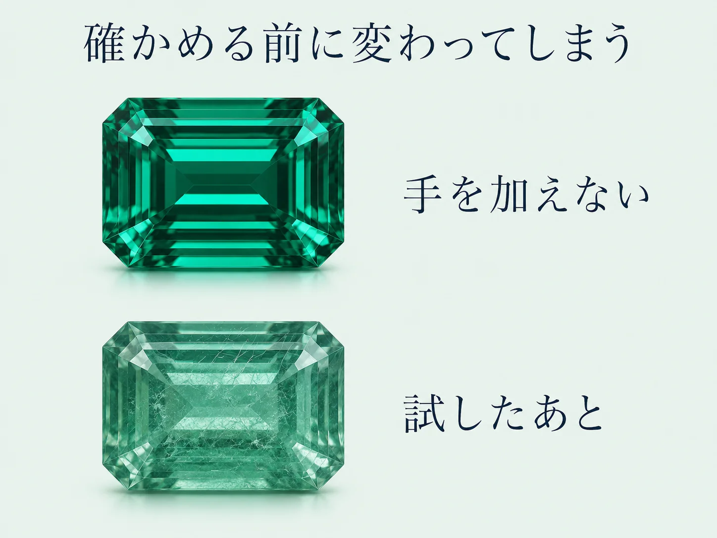 表面に傷が入り含浸材が抜けて白く濁ったエメラルドと、手を加えず状態が保たれたエメラルドを上下に並べた図。