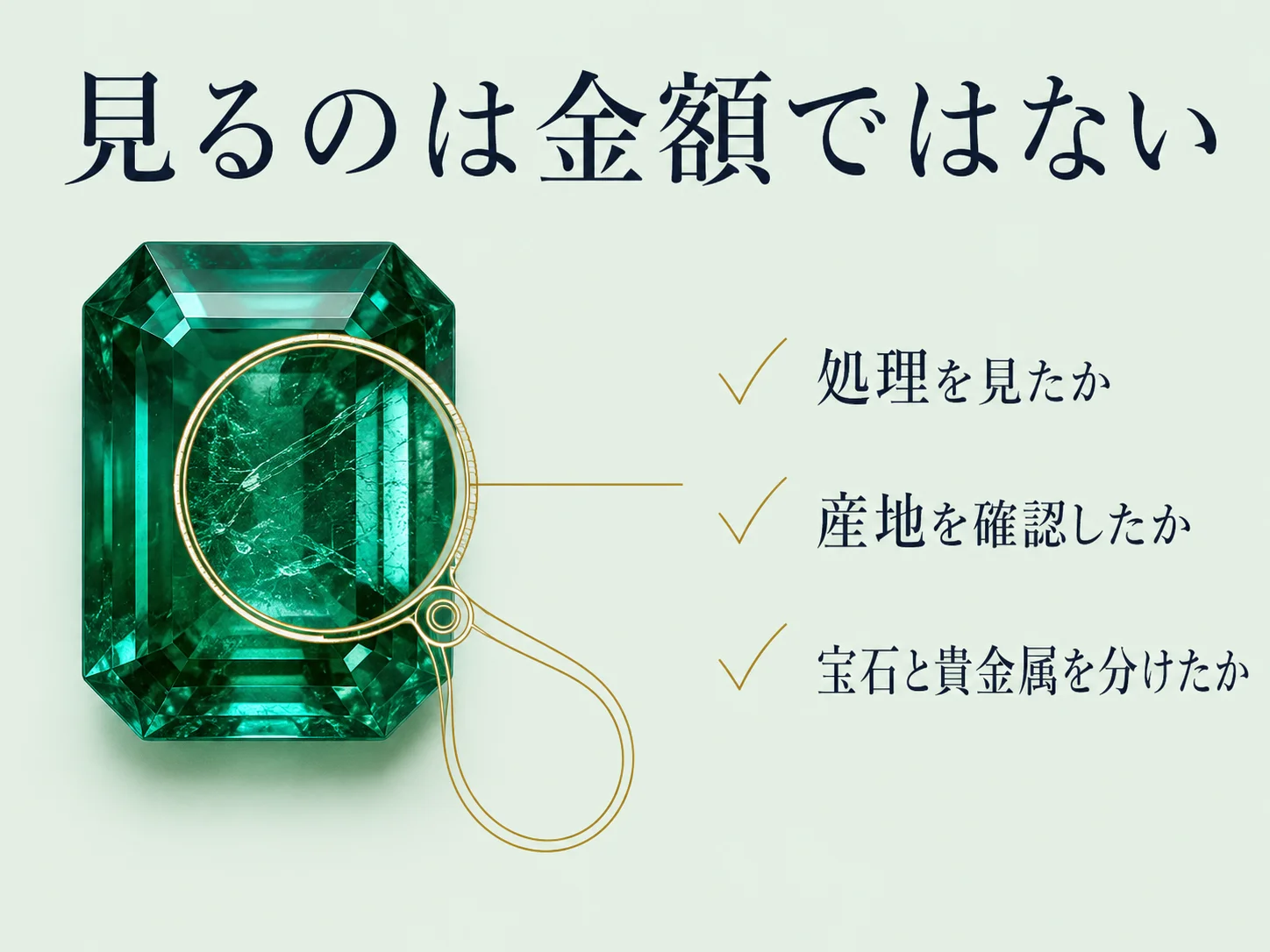 エメラルドをルーペで覗く構図で、相見積もりで確認すべき3点（処理を見たか・産地を確認したか・宝石と貴金属を分けたか）を示した図。