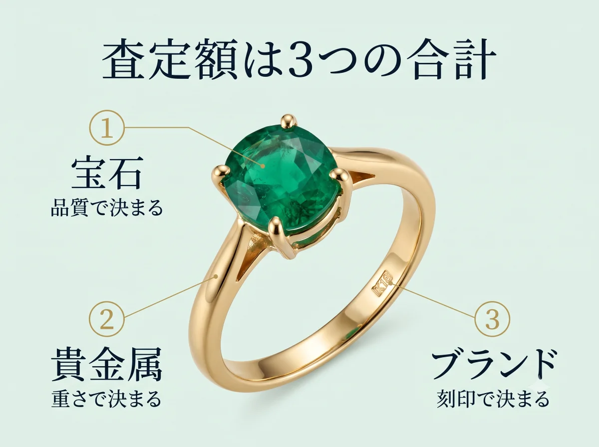 エメラルドリングの査定額が、石の部分（宝石）・枠の部分（貴金属）・内側の刻印（ブランド）という3つの層に分かれて評価されることを示した構造図。