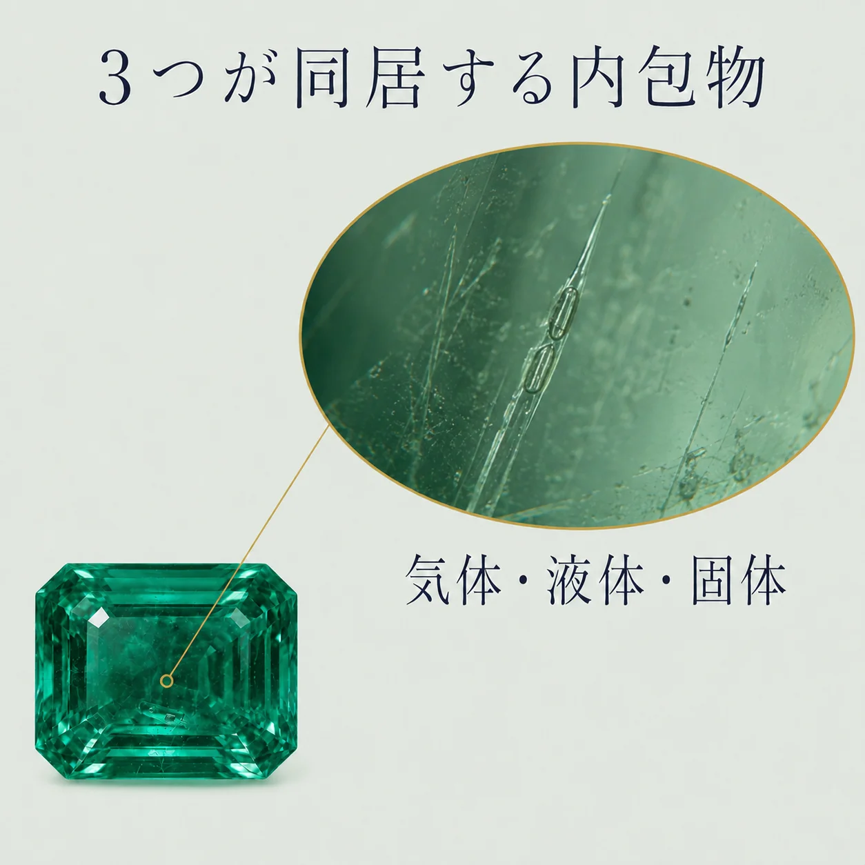 エメラルド内部の三相インクルージョンを拡大し、気体・液体・固体が1つの空間に同居している様子を示した図。