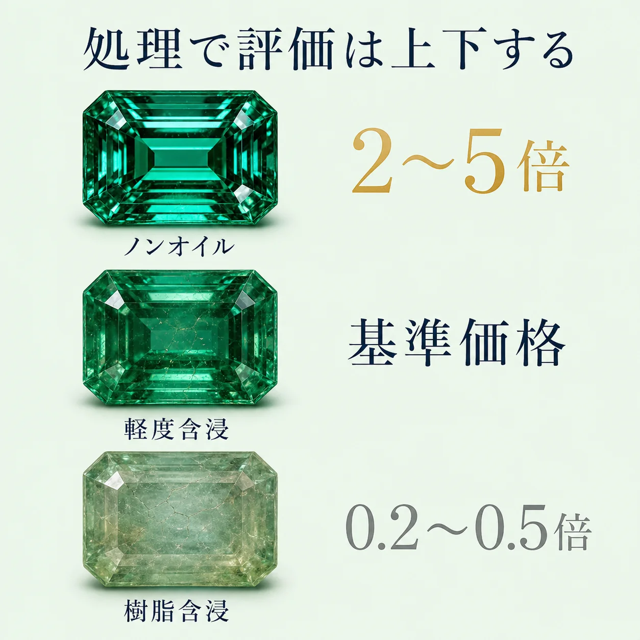 ノンオイル2〜5倍・軽度含浸は基準価格・樹脂含浸0.2〜0.5倍と、エメラルドの含浸処理による評価倍率をバーの長さで比較した図。