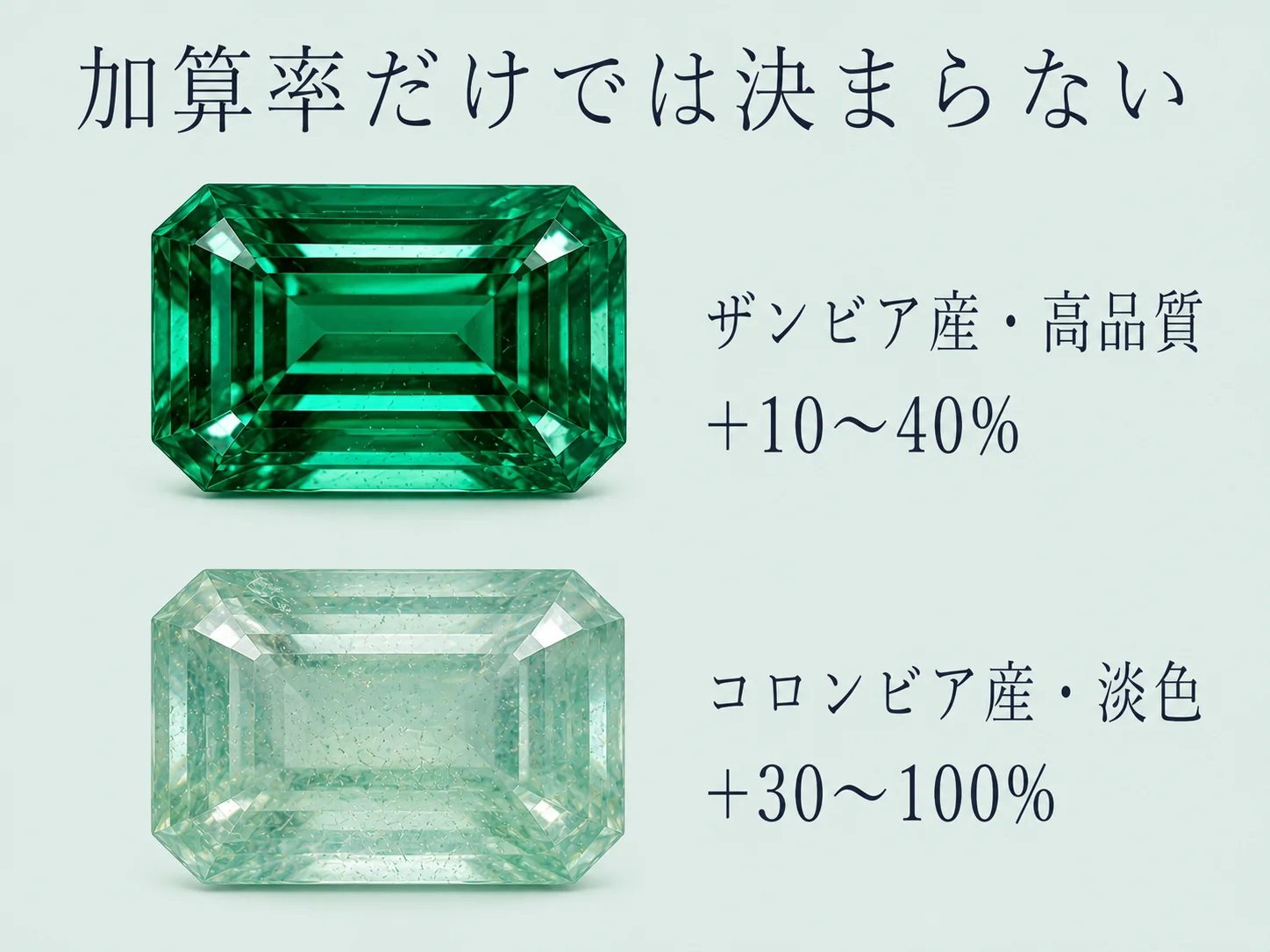 濃色で透明度の高いザンビア産のエメラルドと、色の淡いコロンビア産のエメラルドを上下に並べ、産地の序列が逆転しうることを示した比較図。