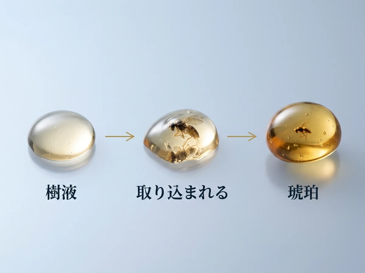 樹液に虫が取り込まれ、固まって琥珀になる過程を左から右へ示した図