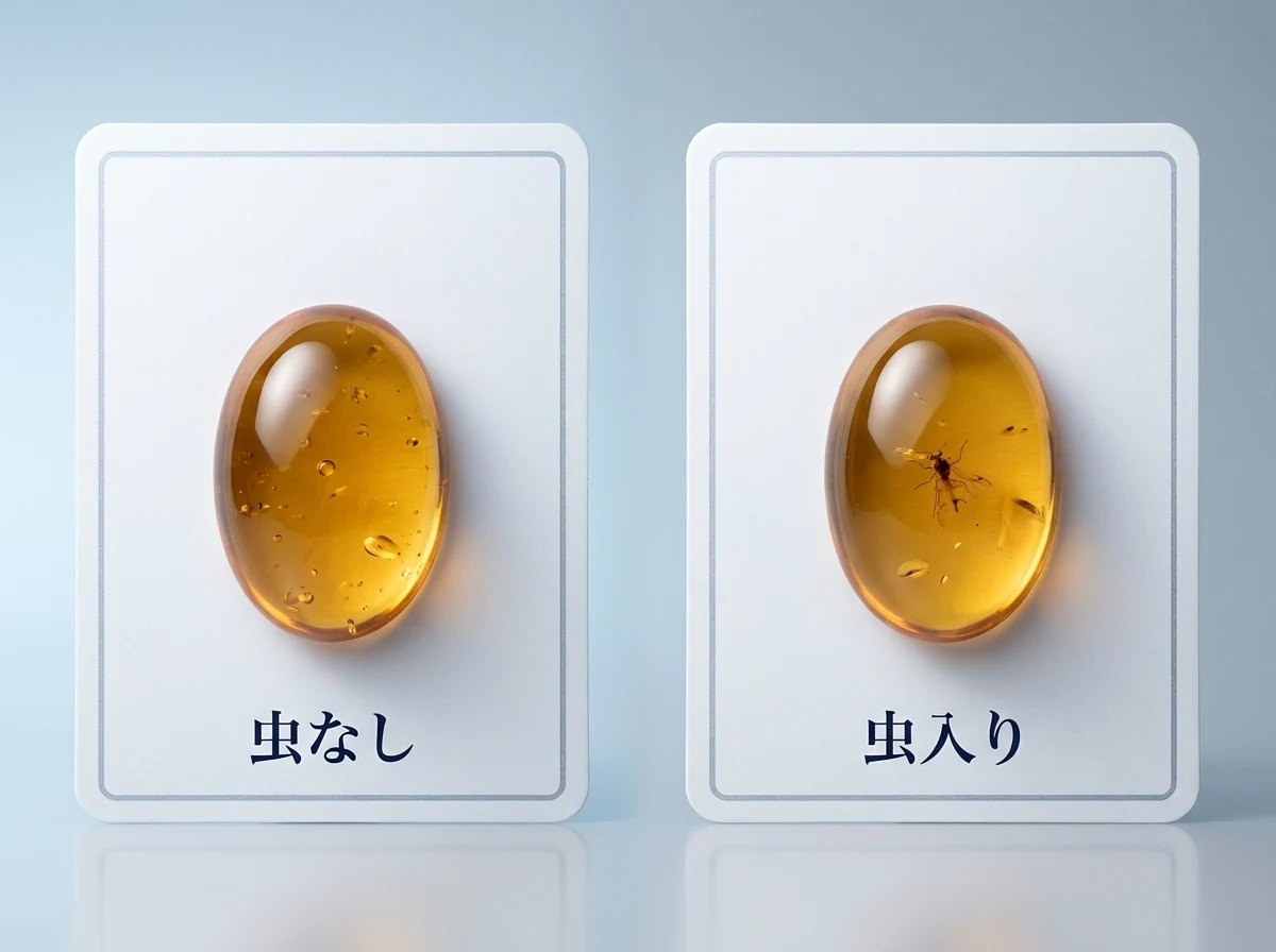 内包物のない琥珀と、内部に虫が入った琥珀を並べた図