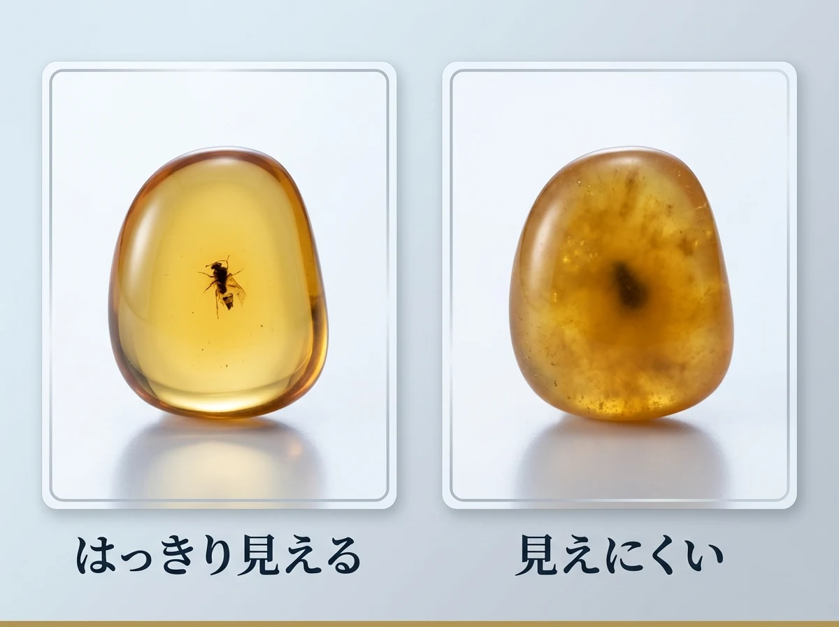 虫がはっきり見える琥珀と、濁って見えにくい琥珀を並べた図