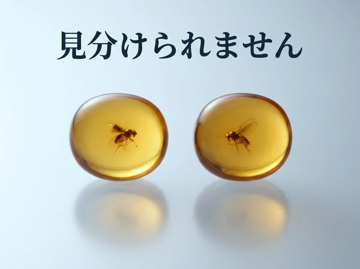 内部に虫が入った、よく似た2粒の琥珀を並べた写真。見た目では判別できないことを示す