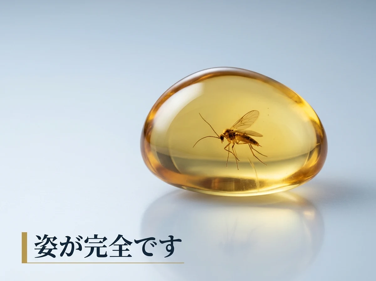 内部に、全身の姿がそろった虫が入った琥珀のマクロ写真