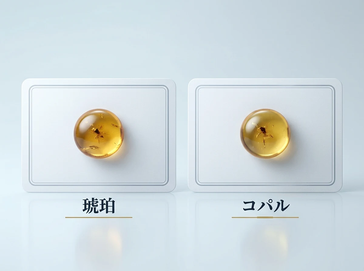 虫が入った琥珀と、虫が入ったコパルを並べた図。見た目では区別できないことを示す図