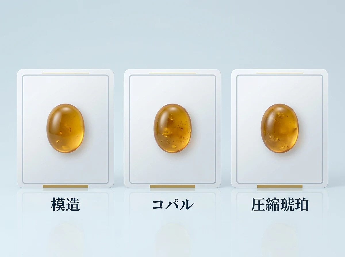 琥珀に似た3つの素材を並べた図。模造・コパル・圧縮琥珀の3分類を示す。見た目では区別できないことを示す図