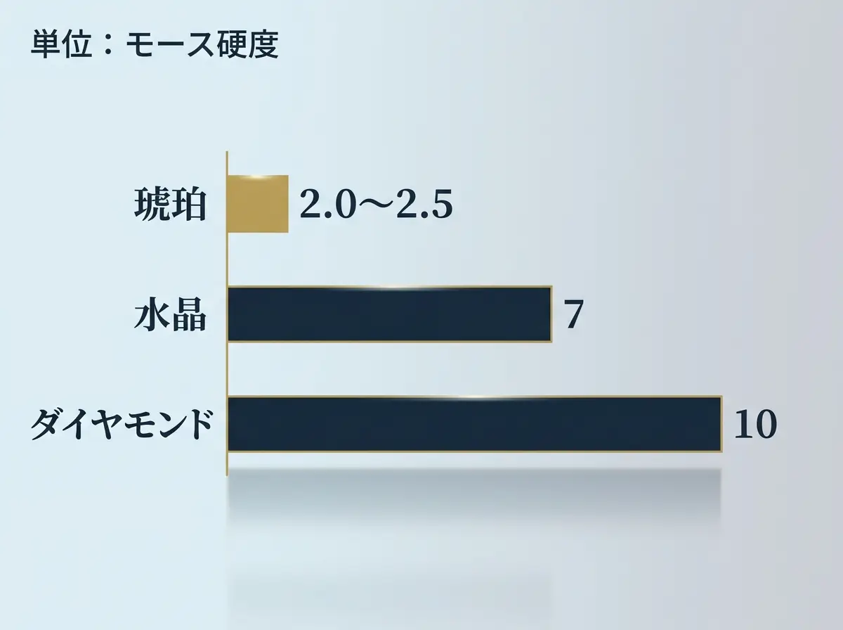 モース硬度の比較図。琥珀は2.0〜2.5で、水晶の7・ダイヤモンドの10より大きく低い