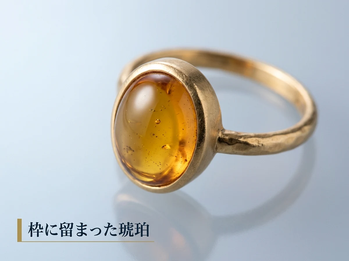 貴金属の枠に留められた琥珀の指輪を斜め上から撮った写真