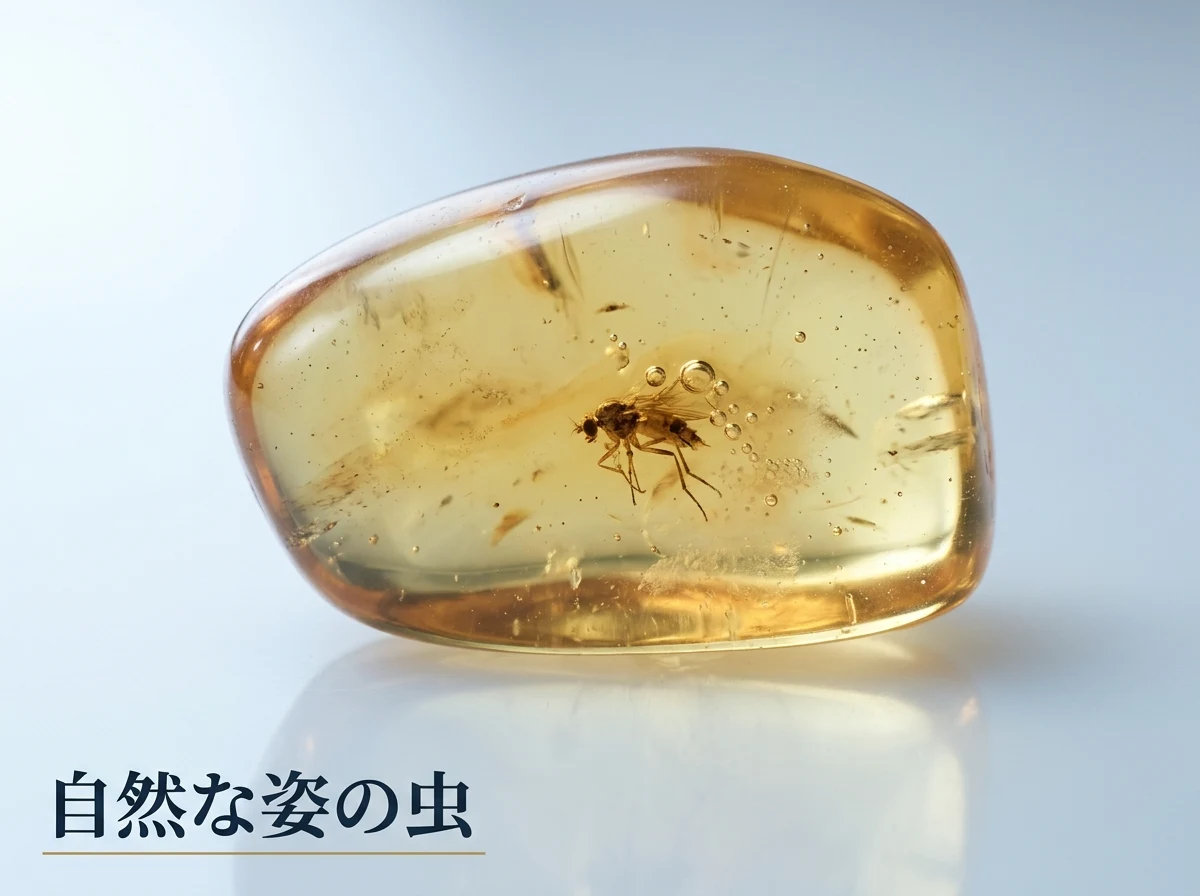 体の一部が欠け、まわりに気泡と濁りがある虫が入った琥珀のマクロ写真