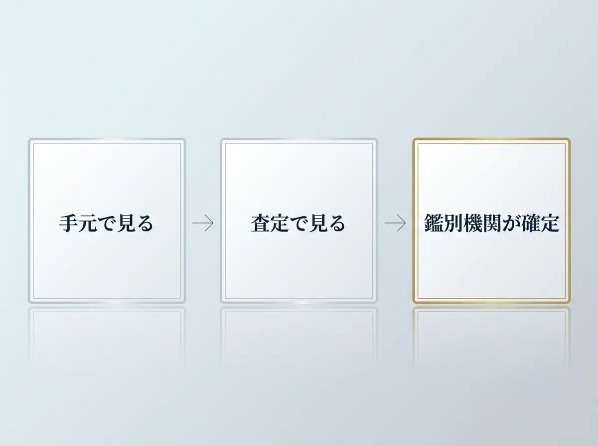 手元で見る・査定で見る・鑑別機関が確定という3段階を示した図