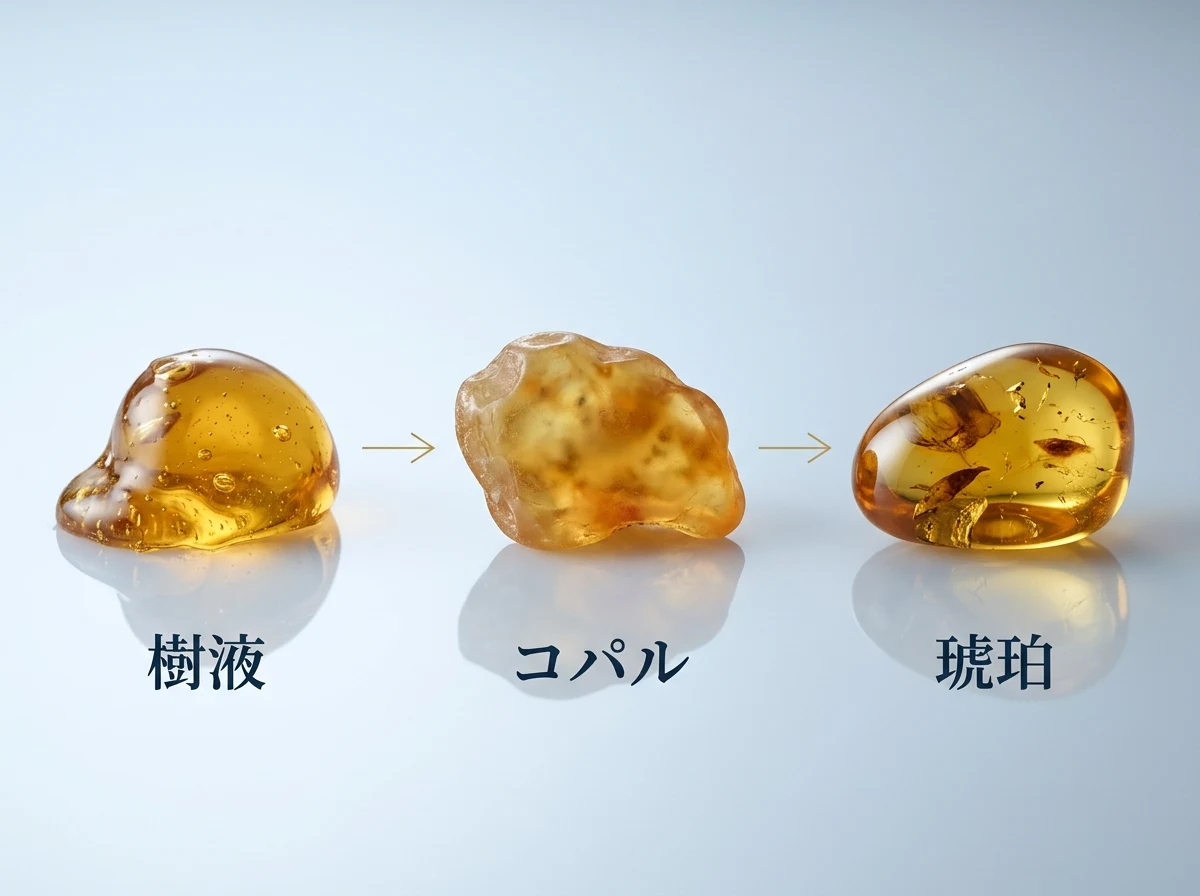 樹液からコパルを経て琥珀になる過程を左から右へ示した図