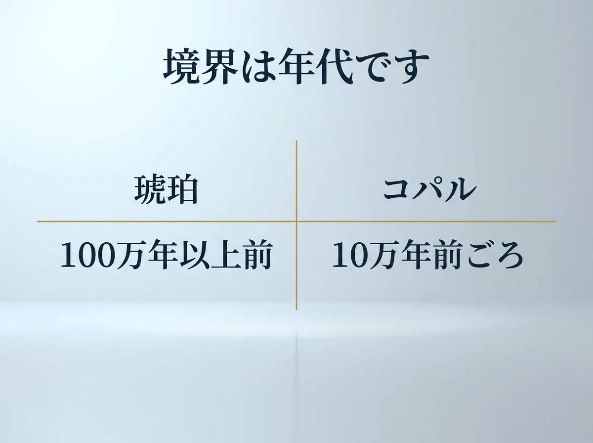 琥珀は100万年以上前、コパルは10万年前ごろという年代の違いを示した図