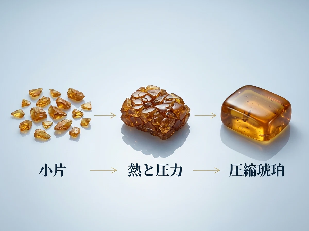 琥珀の小片が熱と圧力でひとつの塊に接着される過程を示した図