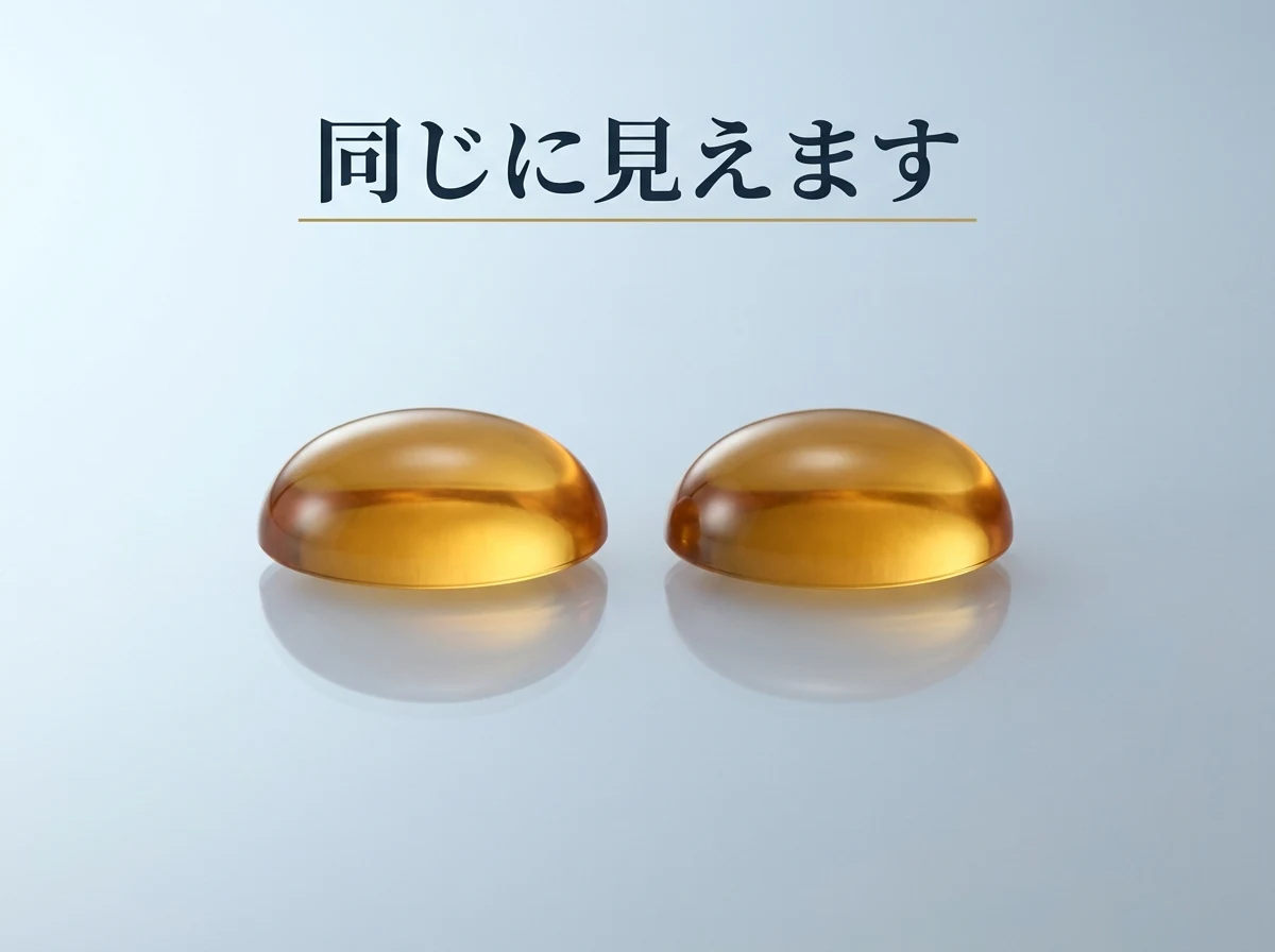 よく似た2粒の琥珀を並べた写真。見た目では素材を確定できないことを示す