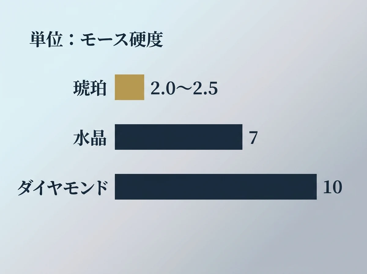 モース硬度の比較図。琥珀は2.0〜2.5で、水晶の7・ダイヤモンドの10より大きく低い