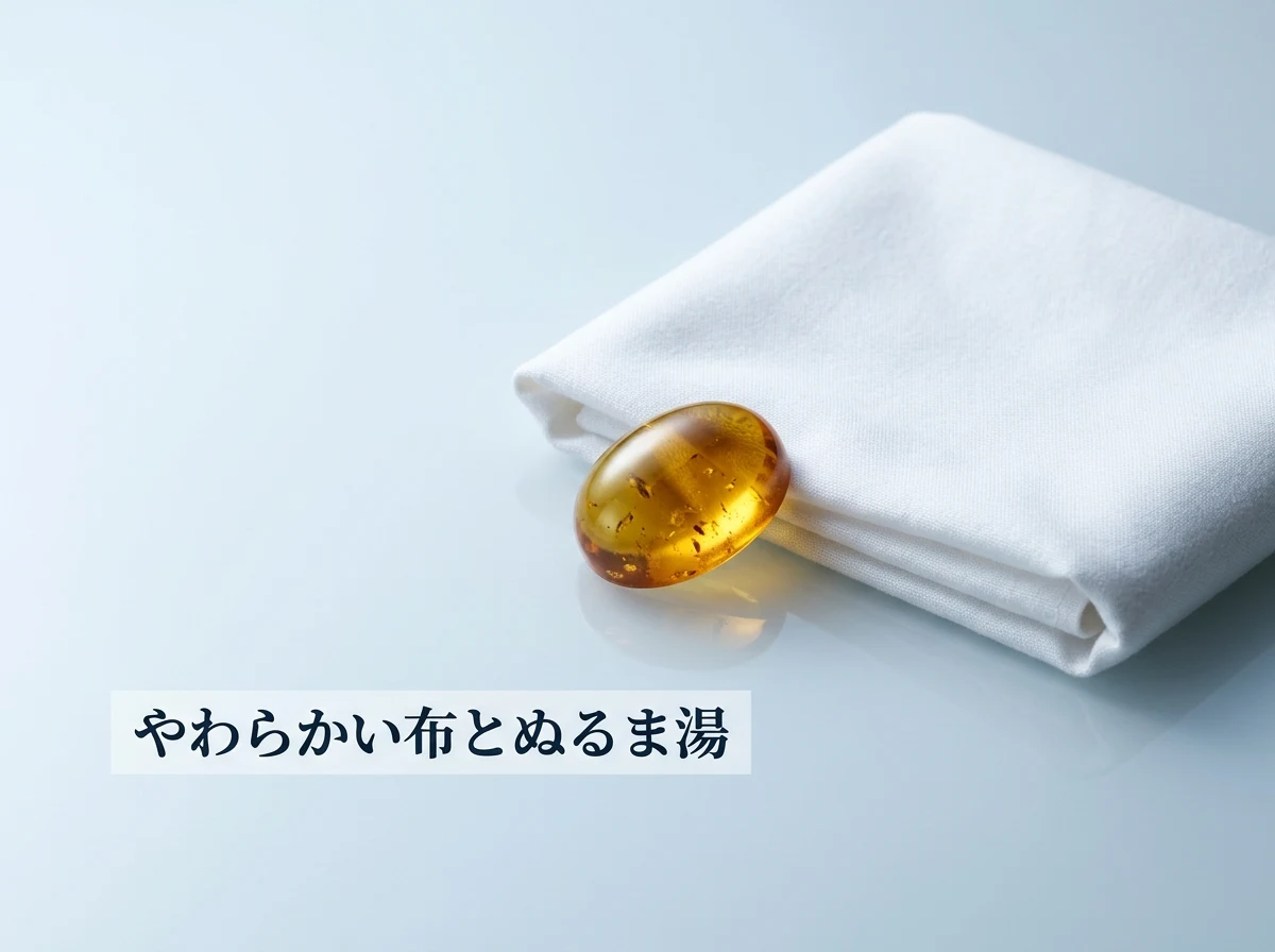 やわらかい布と、浅い器に張ったぬるい石けん水を光沢のある面に置いた写真