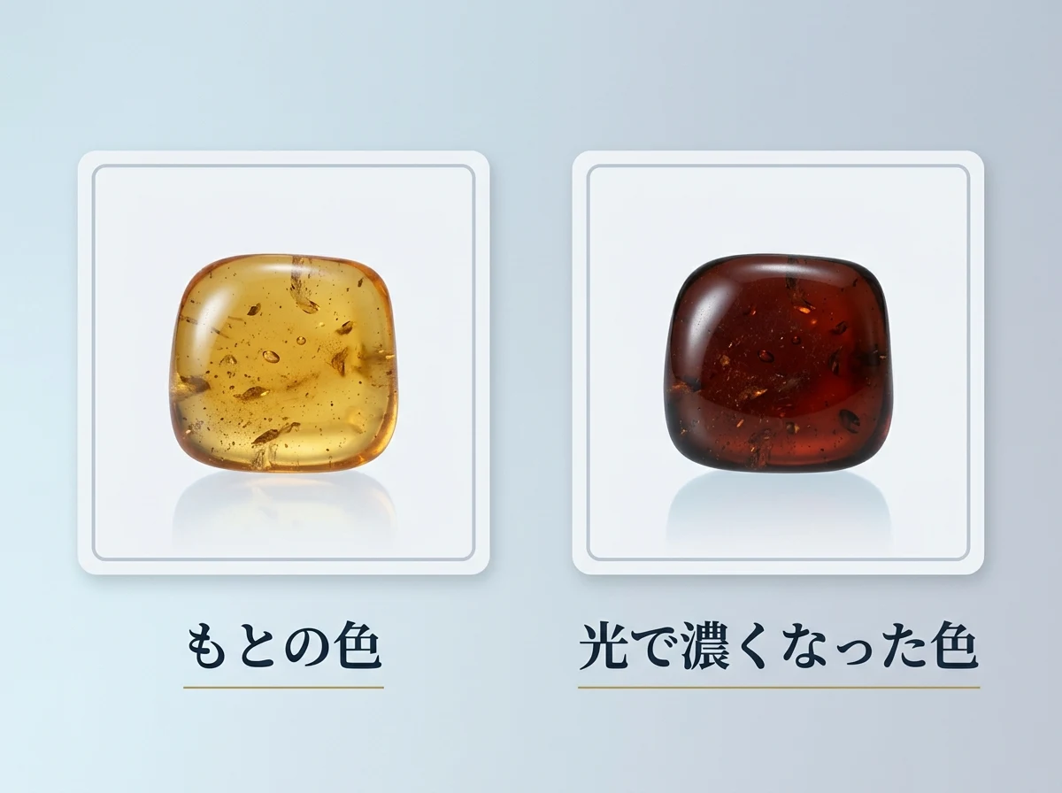 明るい蜂蜜色の琥珀と、赤褐色まで濃くなった琥珀を並べた図