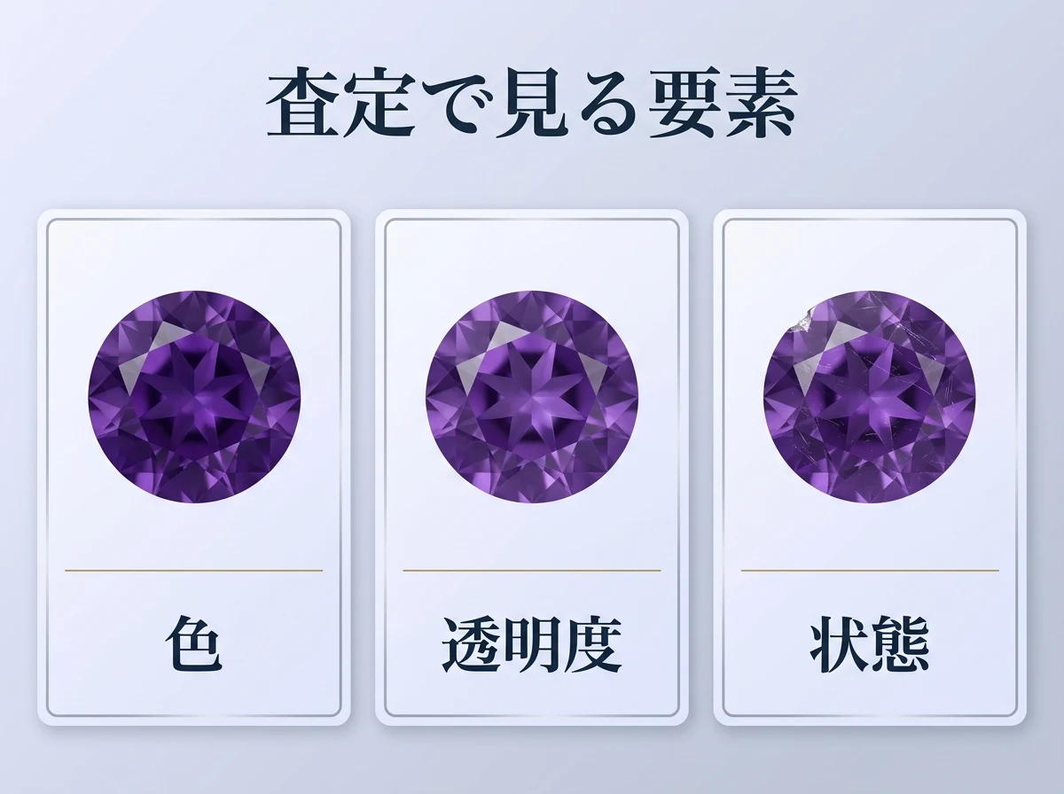 色・透明度・状態の3つの要素を石で示した図