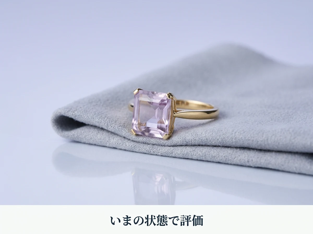 布の上に置かれた、色の薄いアメジストの指輪