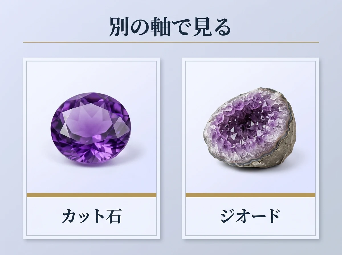 カットされた石とジオードを並べた図