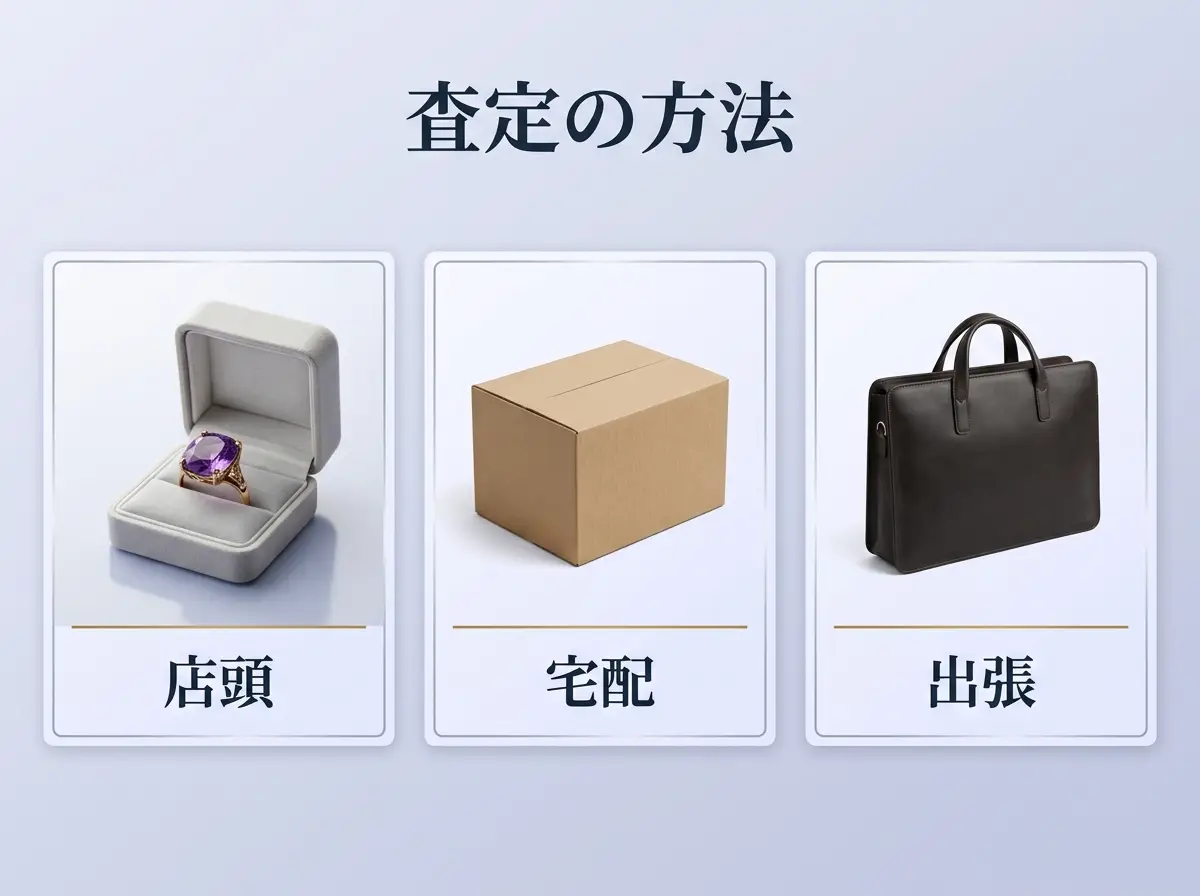 店頭・宅配・出張の3つの方法を実物で示した図