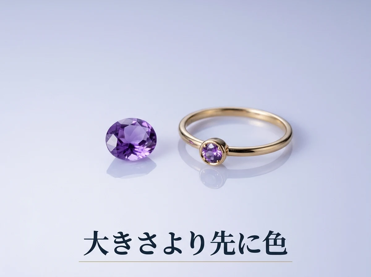 小さなアメジストのルースと指輪