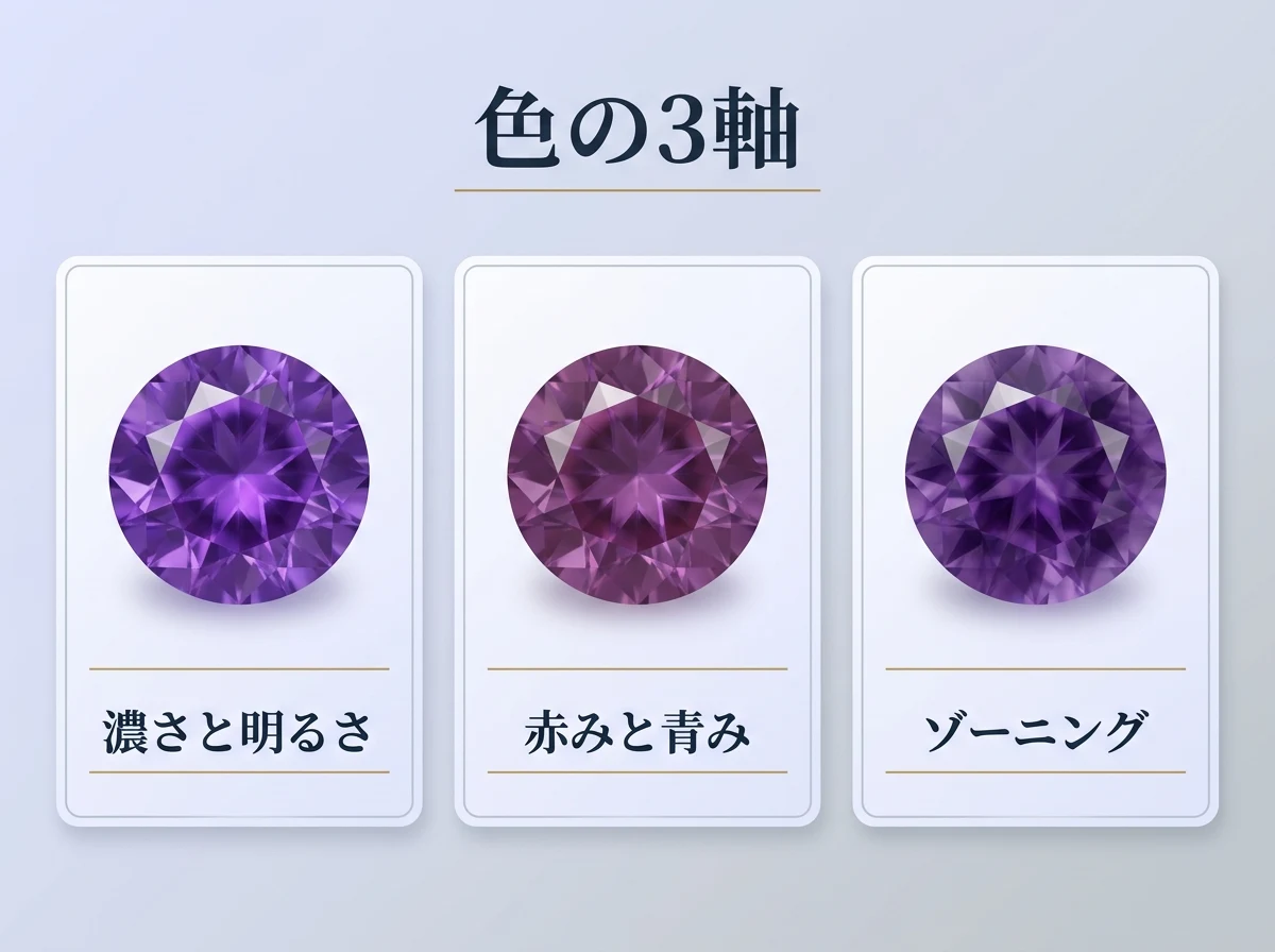 濃さと明るさ・赤みと青み・ゾーニングの3軸を石で示した図