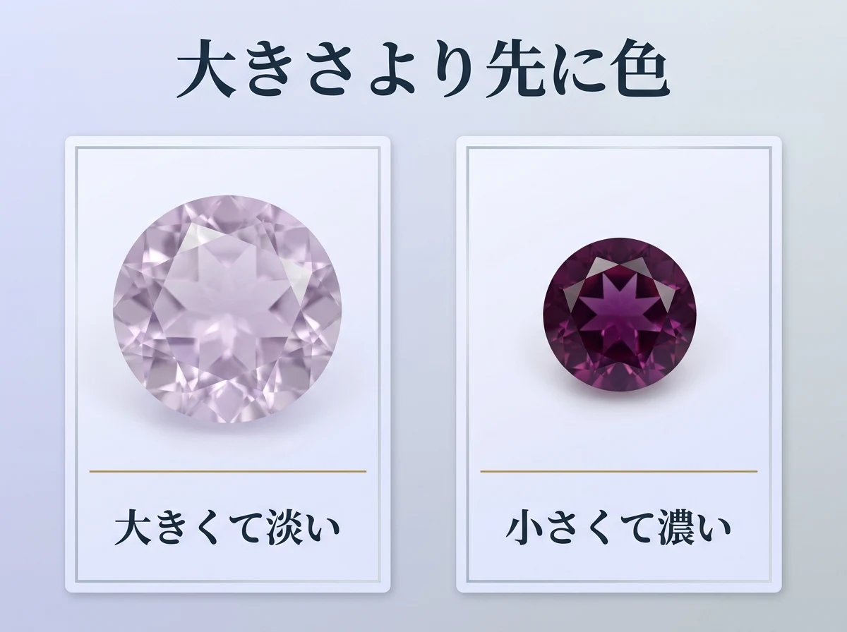 大きくて淡い石と小さくて濃い石を並べた比較図