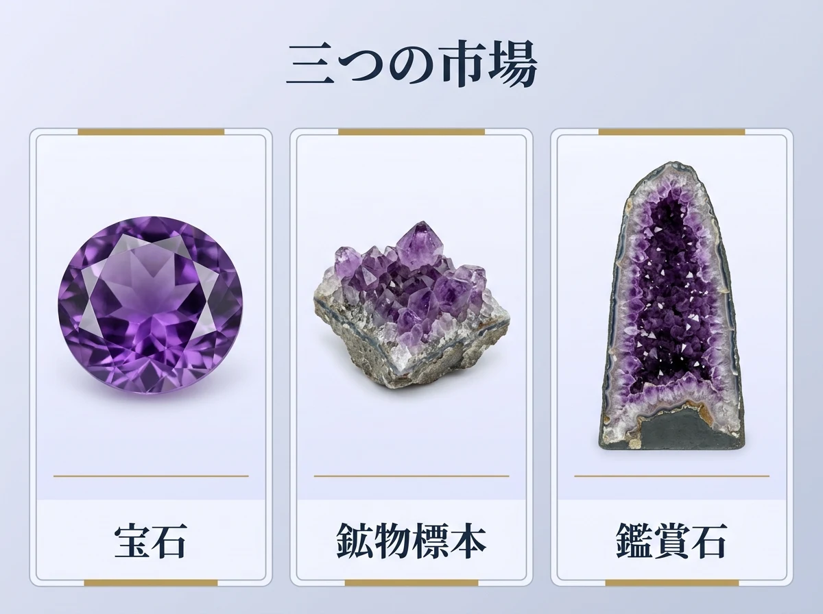 宝石・鉱物標本・鑑賞石の3つの市場を実物で示した図