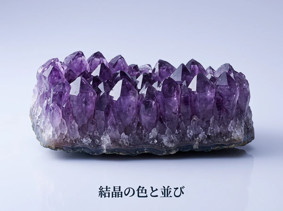 結晶の先端が揃って立ったアメジストのジオードの内壁の拡大写真