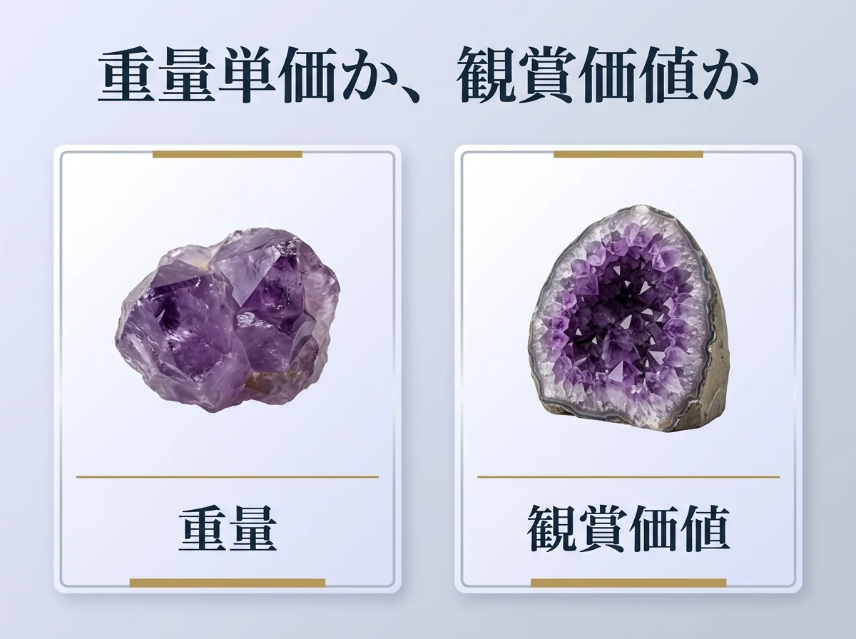 重量で見る塊と、観賞価値で見るジオードを並べた図