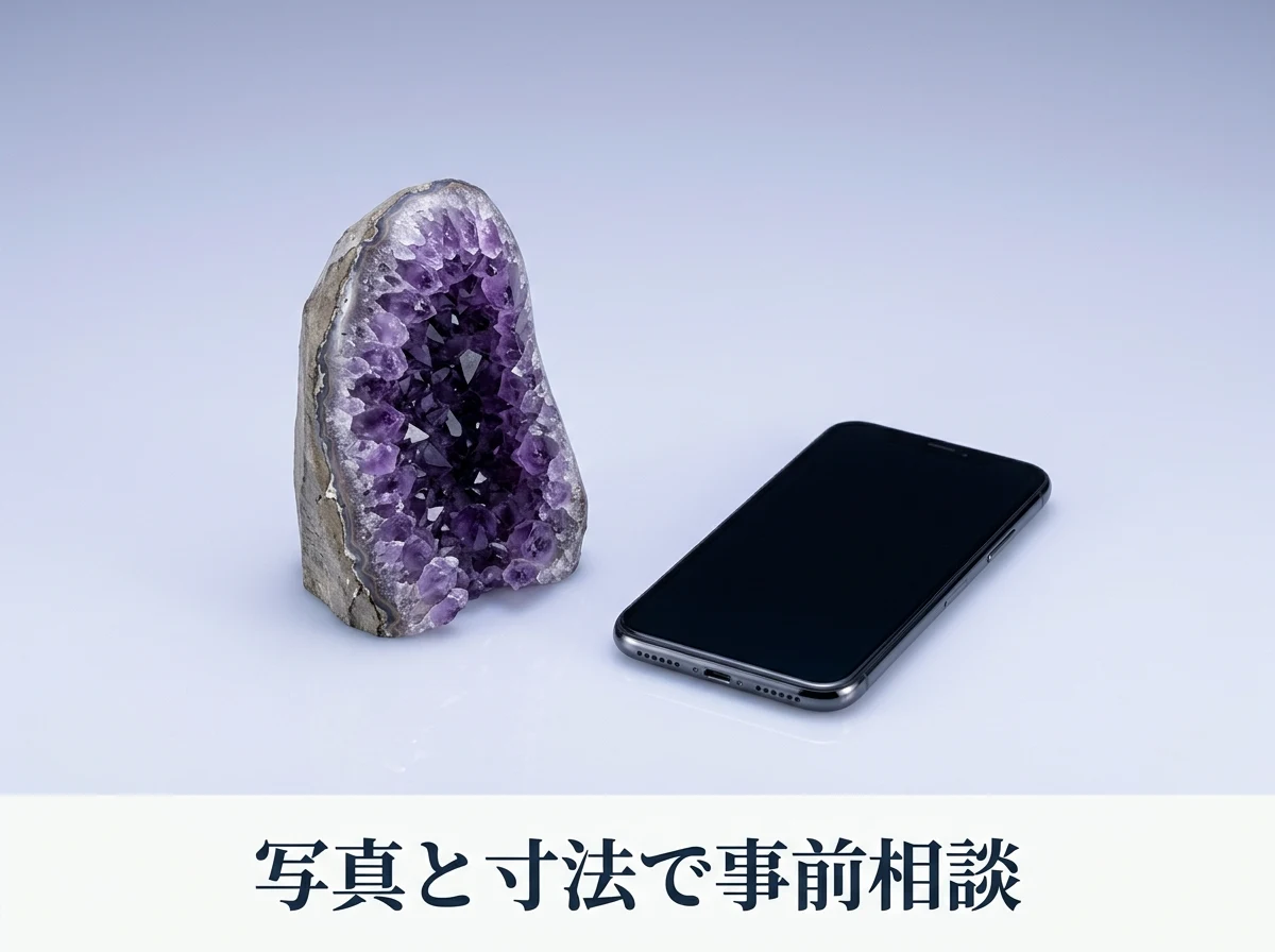 床に置かれた大きなアメジストのドームと、その横のスマートフォン(画面は無地)