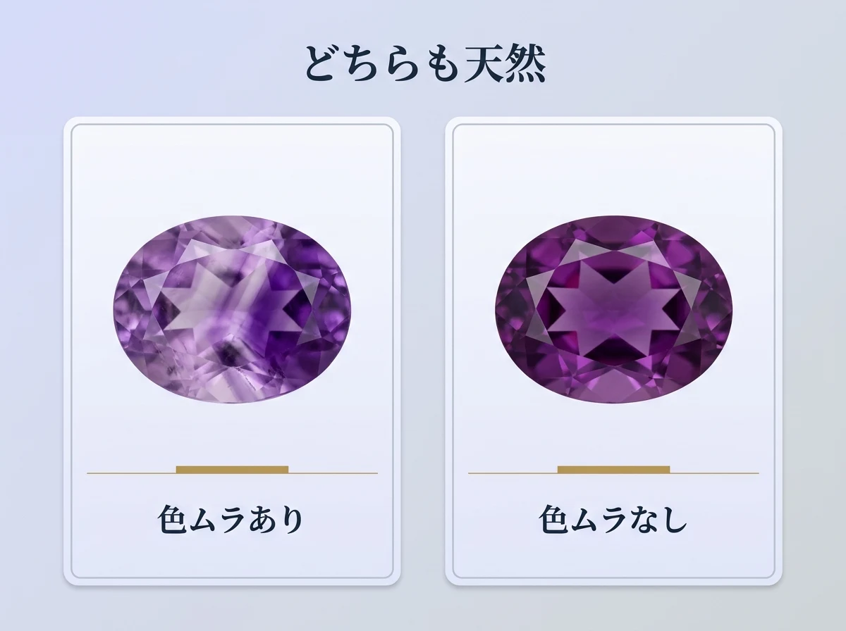 色ムラのあるアメジストとないアメジストを並べた比較図